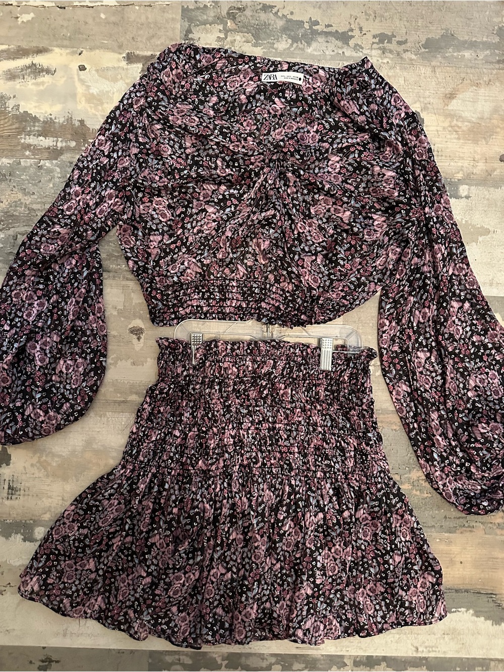 ZARA Black and Pink Floral Smocked Skirt Set